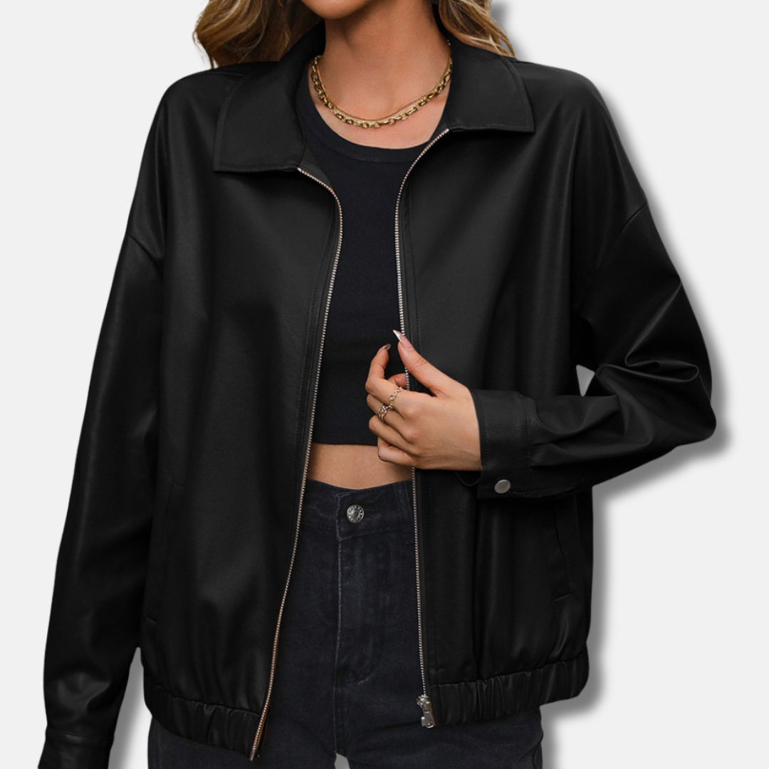 Women's Biker Jacket – PU Leather – Relaxed Fit – Short Length – Zipper – Snap Buttons