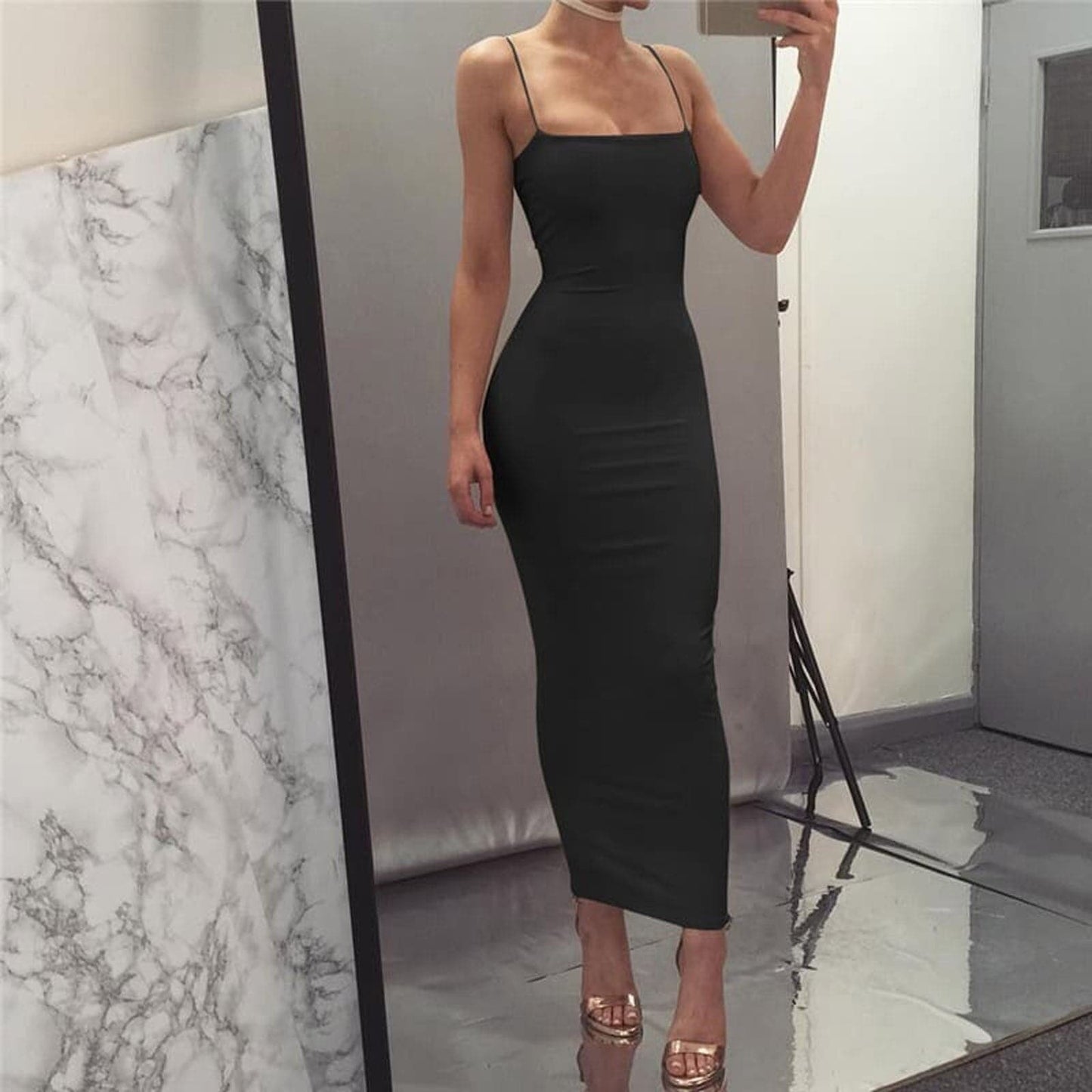 Women's Midi Dress - Tight Bodycon Fit - Square Neckline - Spaghetti Straps