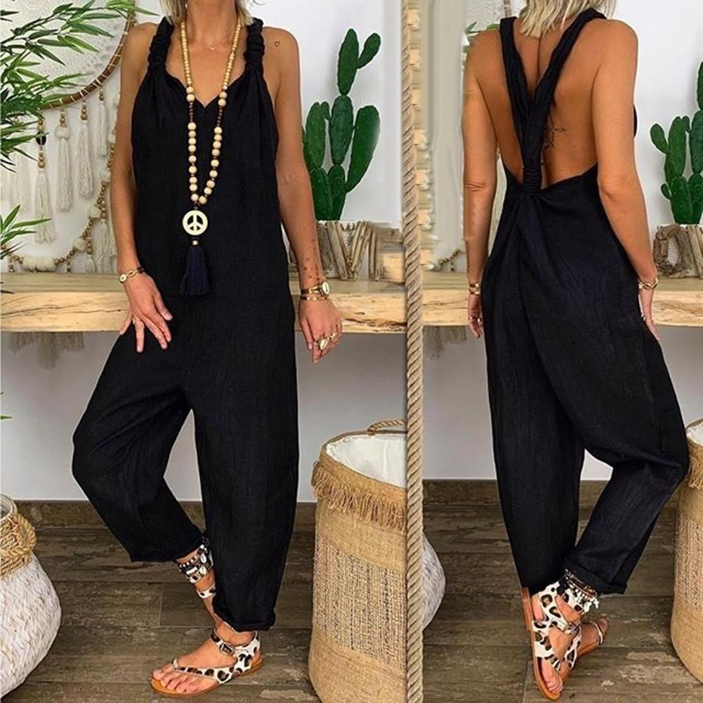 Women's Jumpsuit – Airy Cotton – Loose Fit – Ankle Length with Open Back