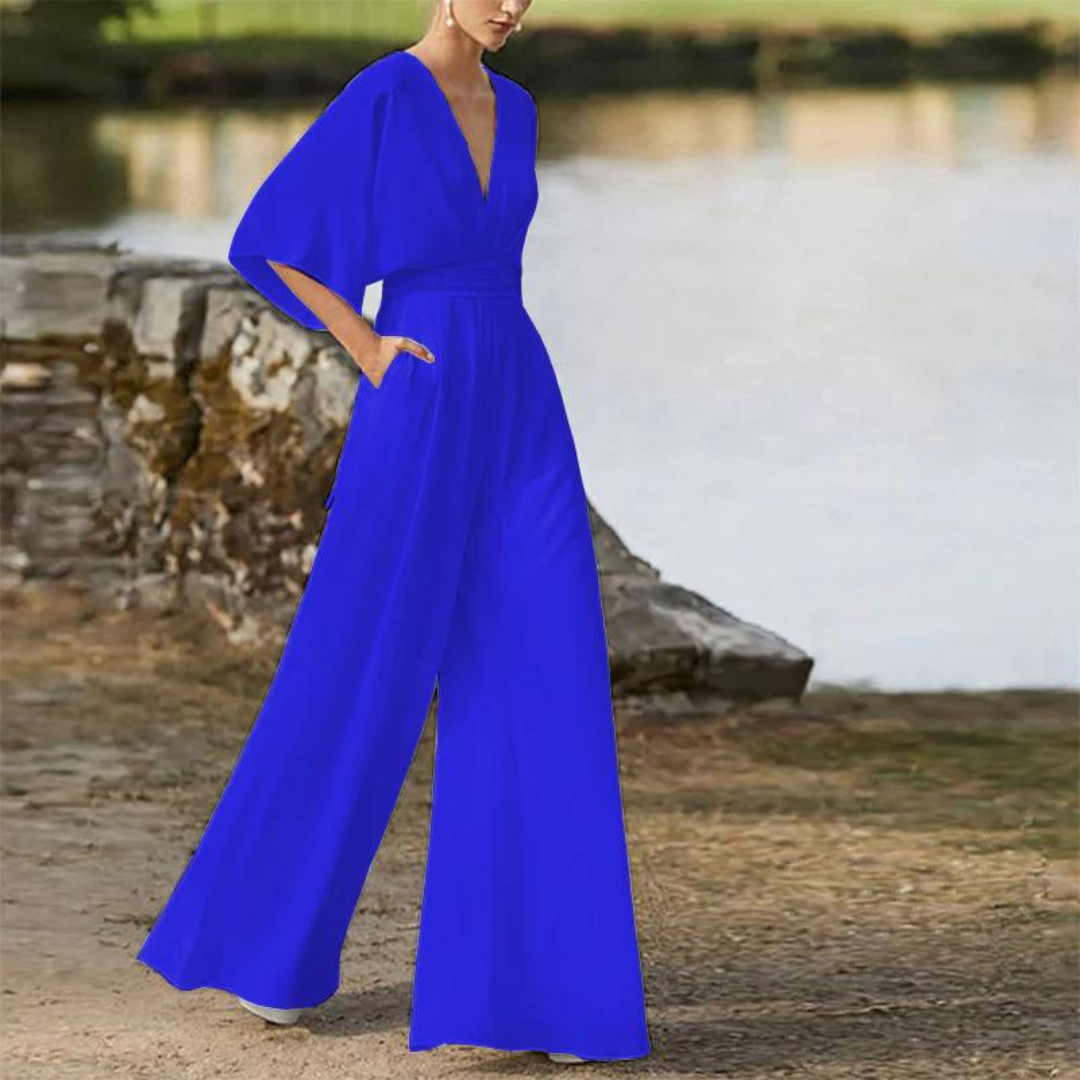 Women's Jumpsuit – Relaxed Fit – Deep V-neck – Wide Legs – Breathable Blend