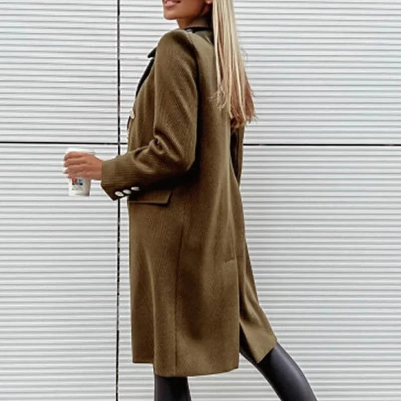 Women's Coat - Double-Breasted - Long and Elegant - Wide Collar - Structured Fit