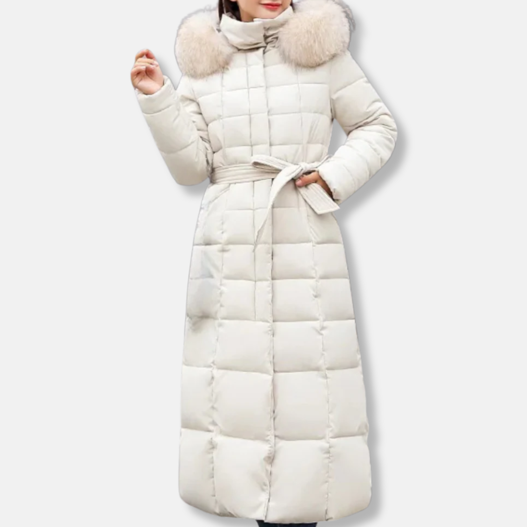 Women's Coat – Quilted and Insulated – Belt at the Waist – Lined Hood – Long Model