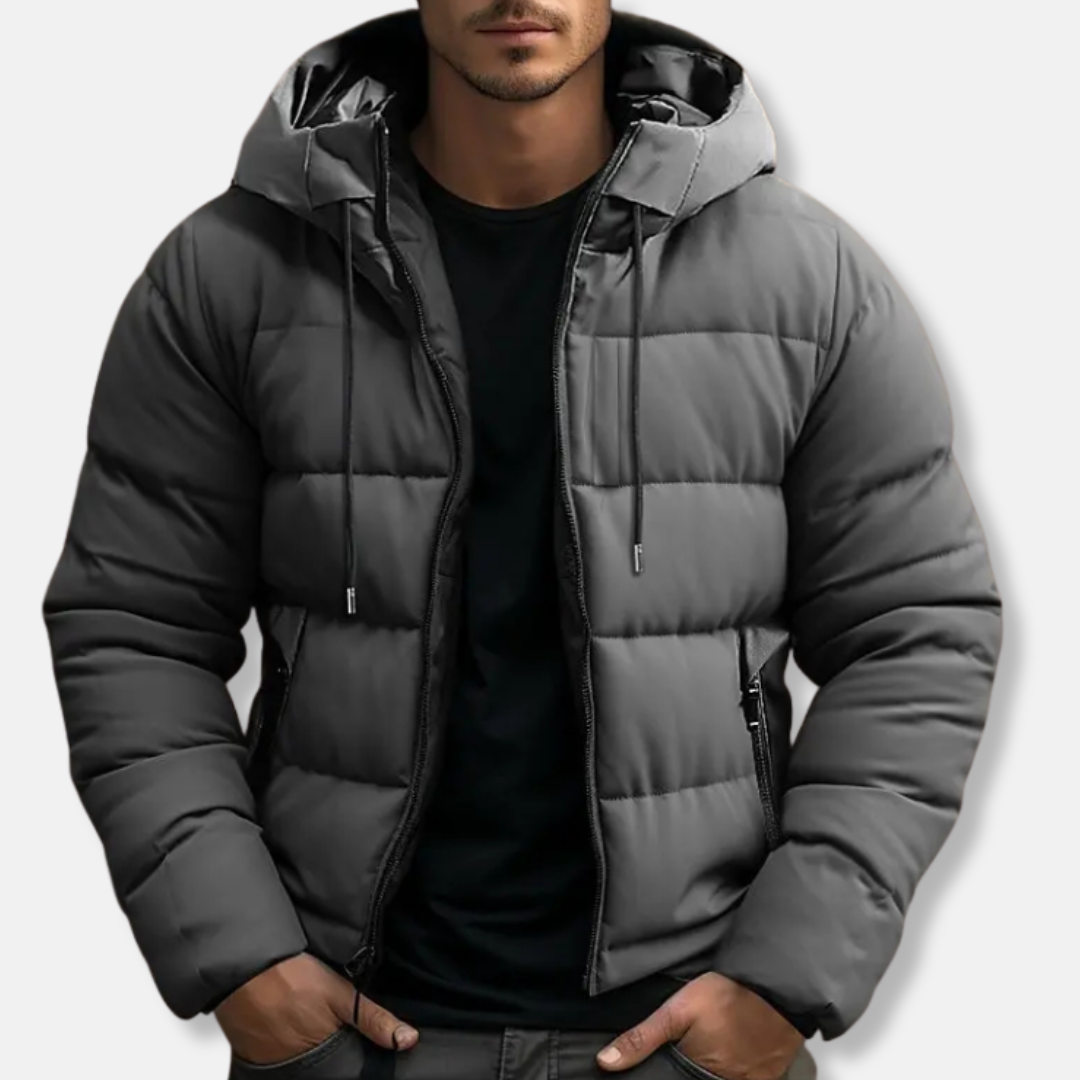 Men’s Puffer Jacket - Quilted - Hooded - Zip Closure - Hip Length