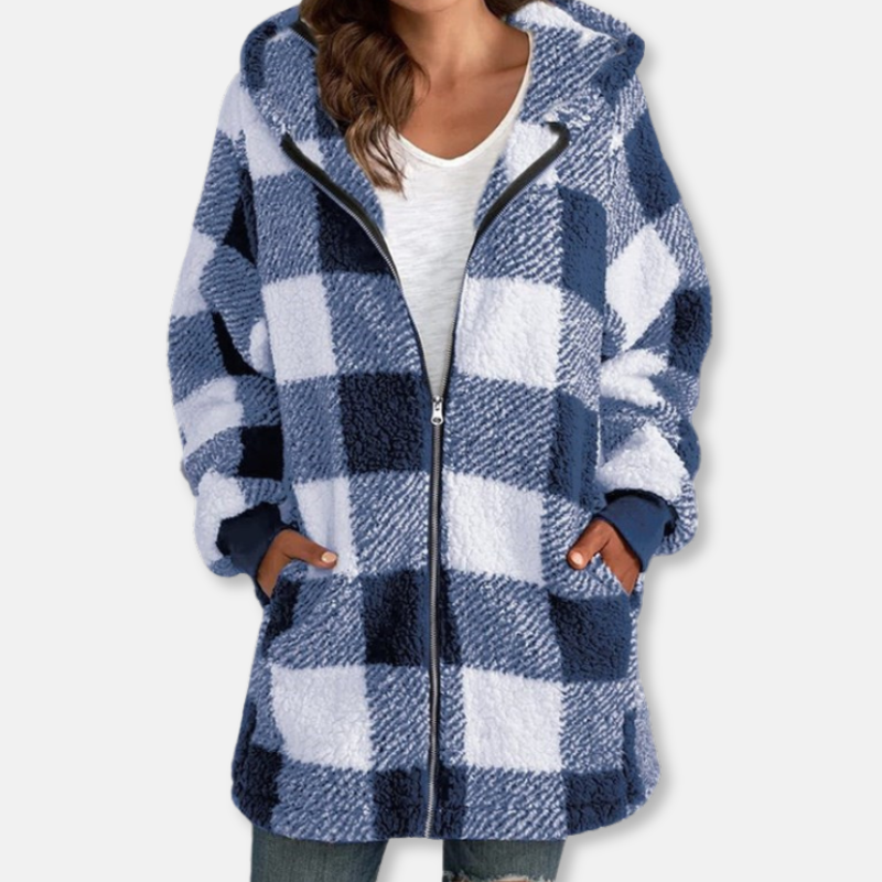Women's Hoodie – Oversized Fit – Checkered Pattern – Soft Knit – Full Zipper