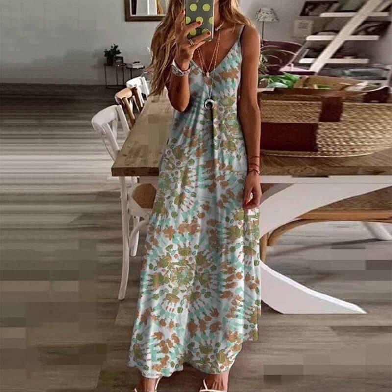 Maxi Dress for Women – V-Neck – Thin Straps – Flowing Fit – Bohemian Tie-Dye