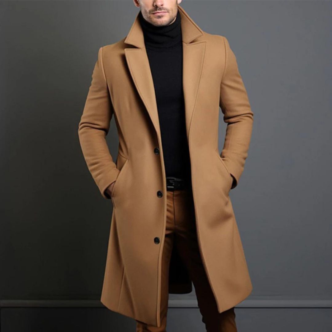 Men's Coat - Classic Wool Blend - Button Closure - Tailored Fit - Long