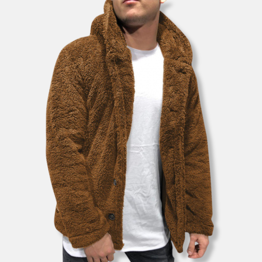 Men's Jacket with Hood – Fleece – Relaxed Fit – Button Closure – Casual Style