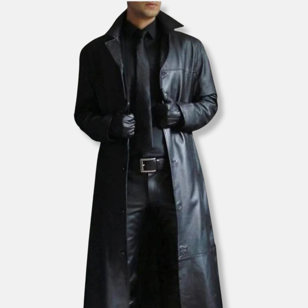 Men's Long Coat – Tailored Fit – Smooth Leather Look – Formal Button Closure