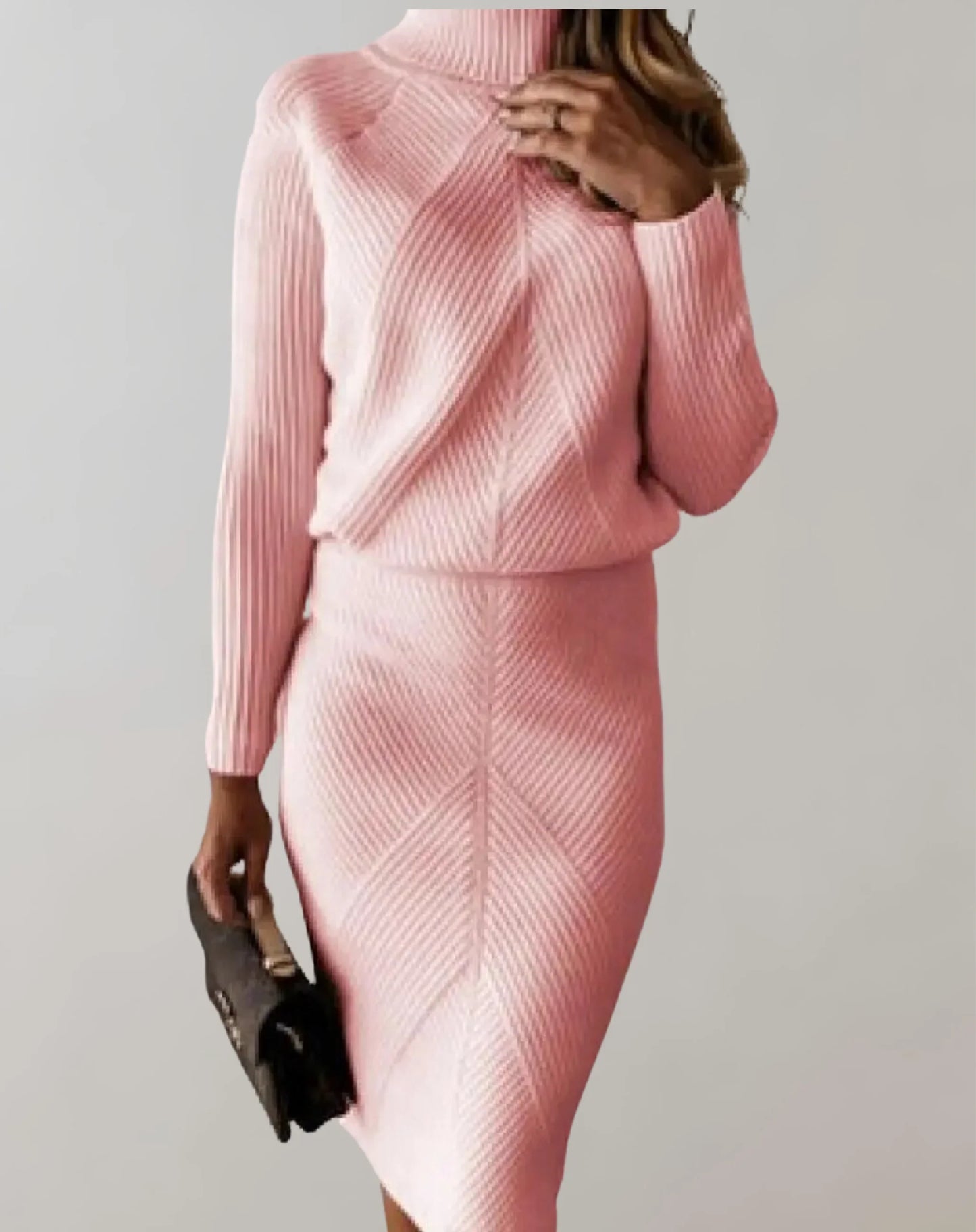 Women's Set – Ribbed Two-piece – Slim Fit – Turtleneck Sweater and Midi Skirt