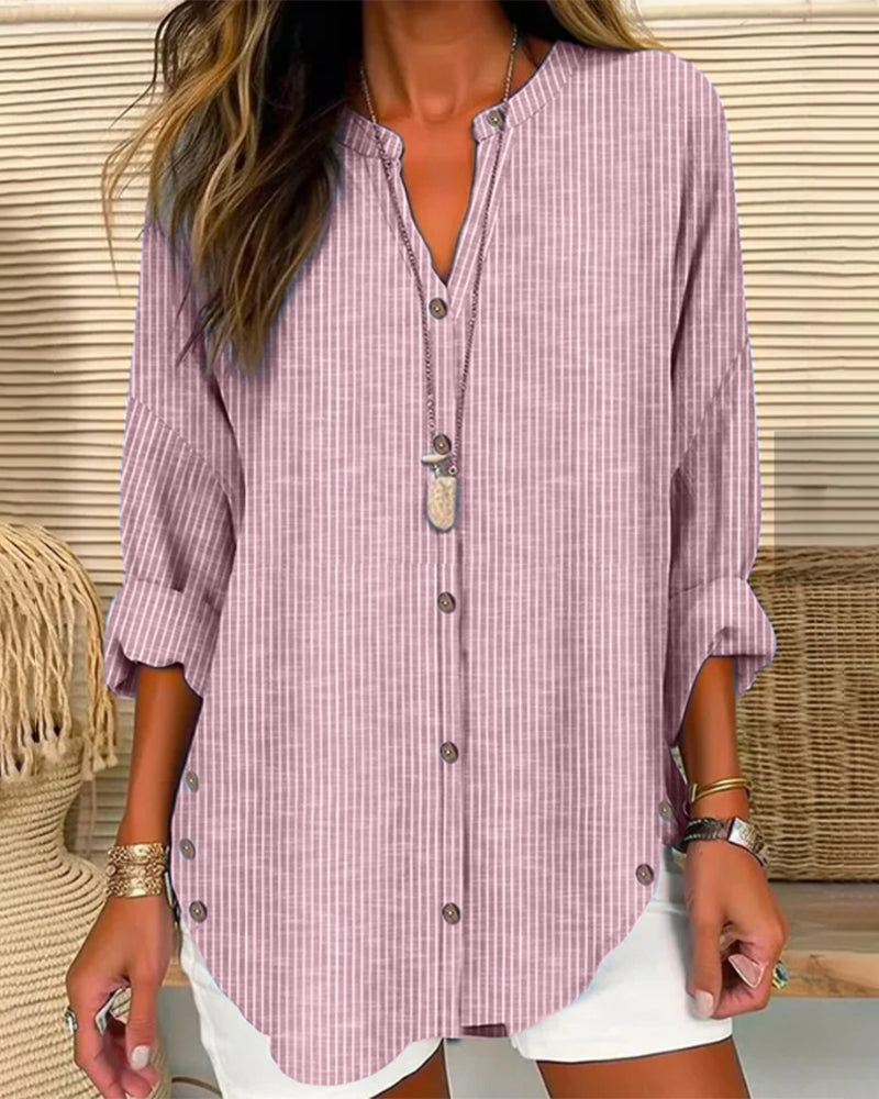 Women's Blouse – Relaxed Fit – V-Neck with Buttons – Striped – Breathable Fabric