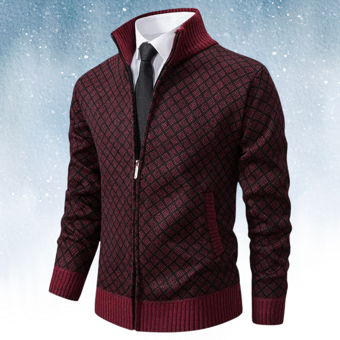 Men's Knitted Cardigan - Zipper - High Collar - Modern Check Pattern - Comfortable Fit