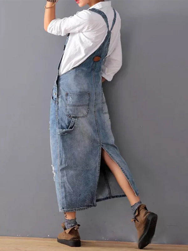 Women's Denim Dress – Relaxed Fit – Midi Length – Adjustable Straps – Distressed Style