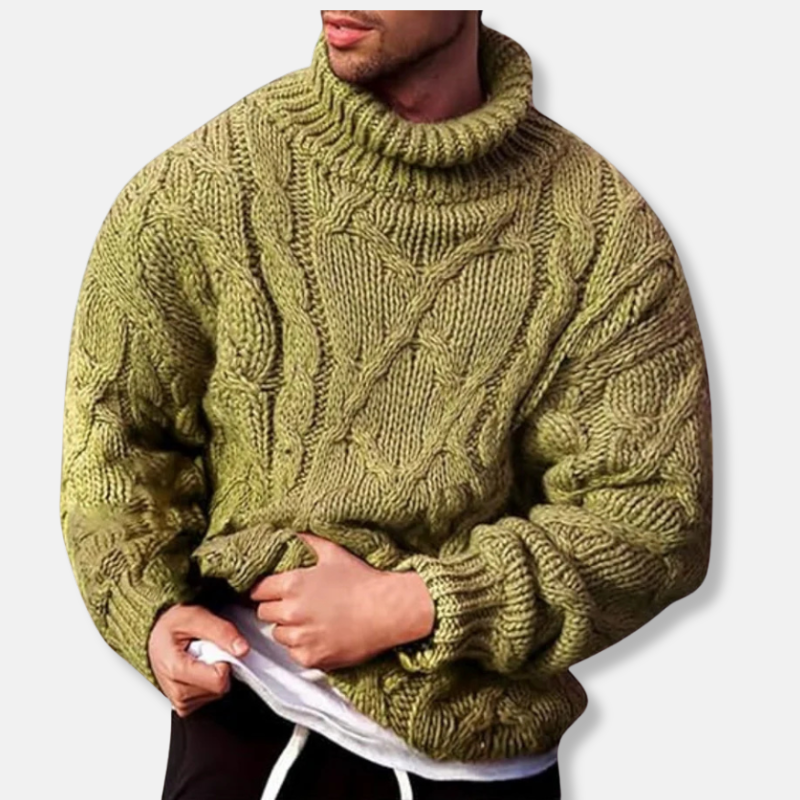 Men's Sweater – Turtleneck – Wool Blend – Relaxed Fit – Cable Knit Pullover