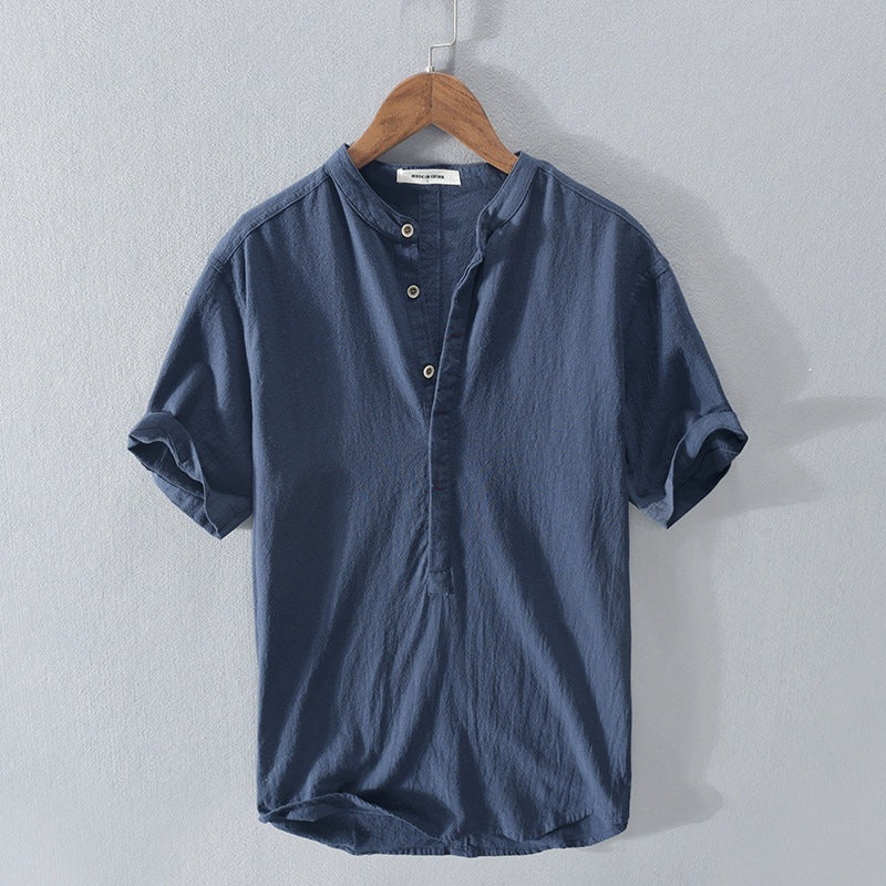 Men's Shirt with Short Sleeves – Relaxed Fit – Natural Fibers – Mandarin Collar
