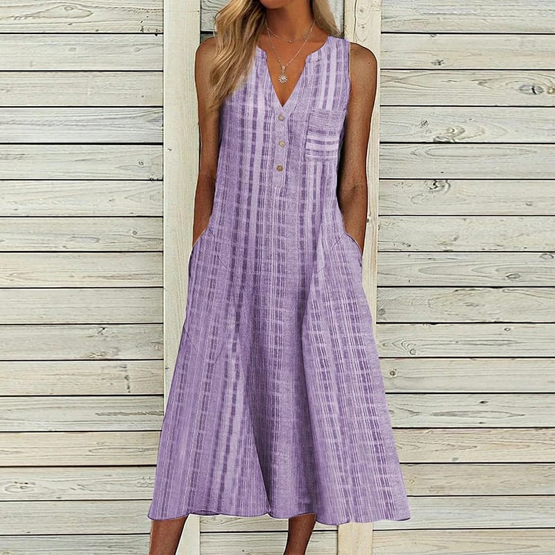Women's Midi Dress - A-line Fit - V-neck - Buttons & Side Pockets - Airy Fabric