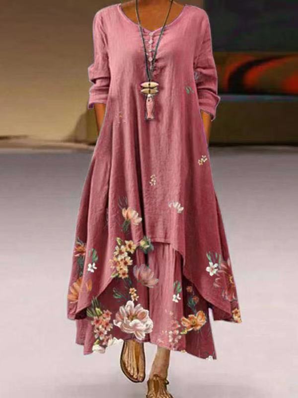 Women's Maxi Dress – Loose Fit – Long Sleeves – Floral Print – Round Neck