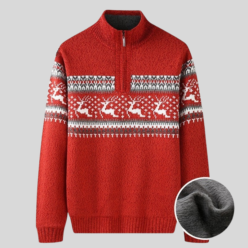 Men's Nordic Knit Sweater – Half Zip with High Collar – Warm Plush Lining