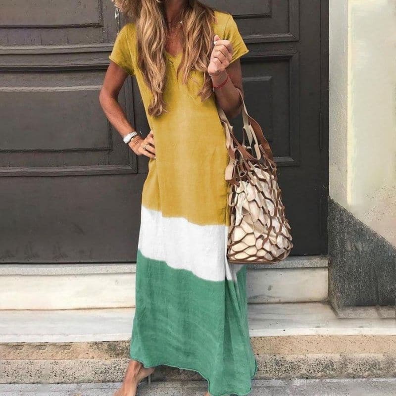 Women's Maxi Dress - Airy and Comfortable - Short-Sleeved with Color Blocks