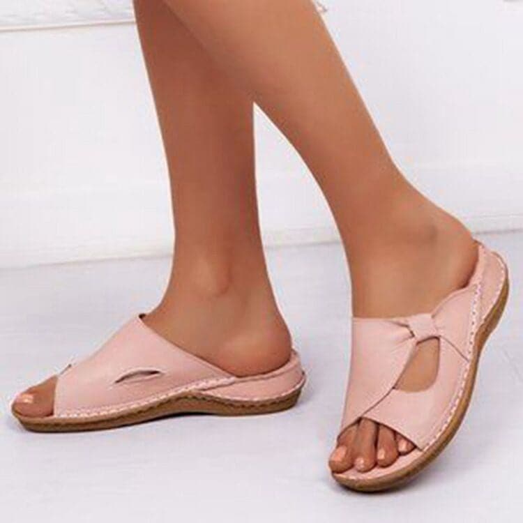 Women's Sandals - Leather - Slip-on Comfort - Open Toe - Stylish Cut-out Pattern