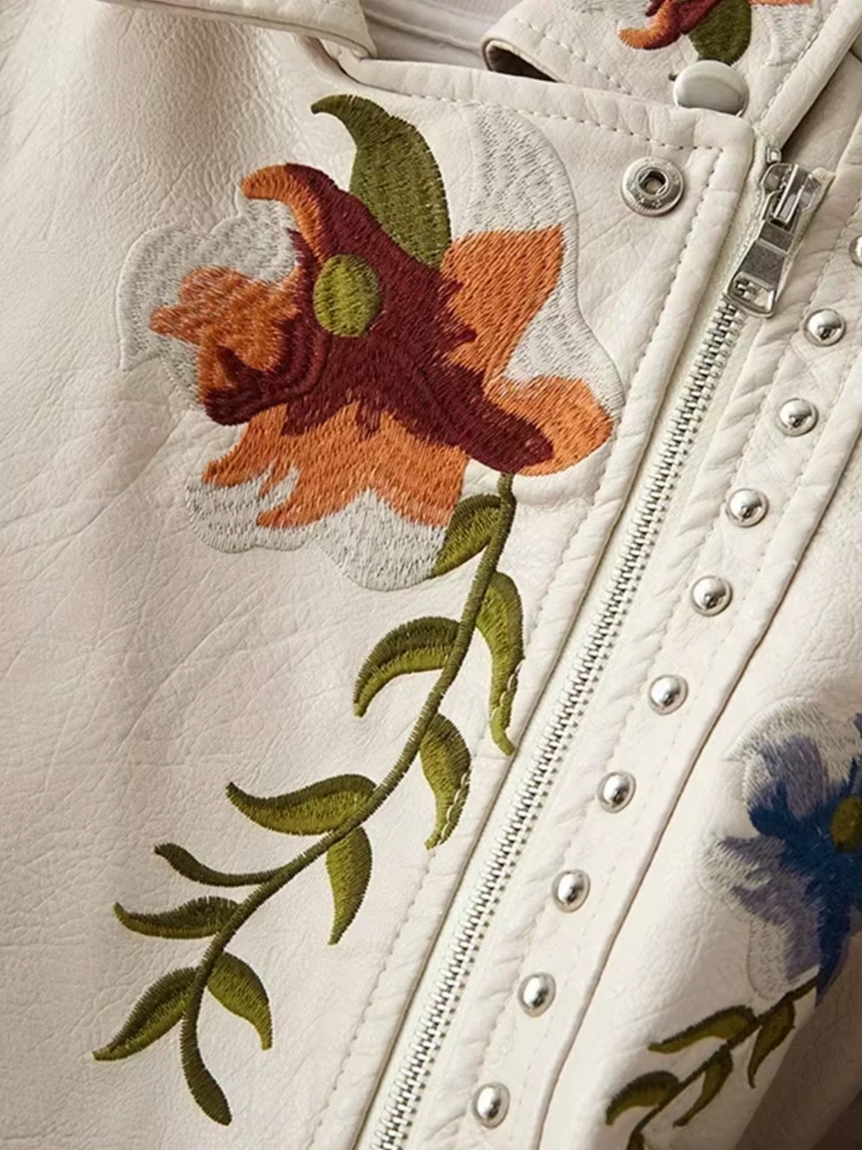 Women's Leather Jacket – Tailored Fit – Embroidered Flowers – Studded Biker Style