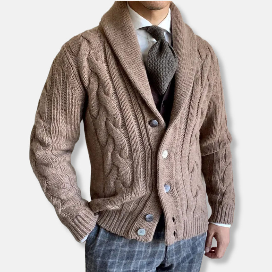 Men's Cardigan – Wool Blend – Regular Fit – Cable Knit – Shawl Collar – Buttoning