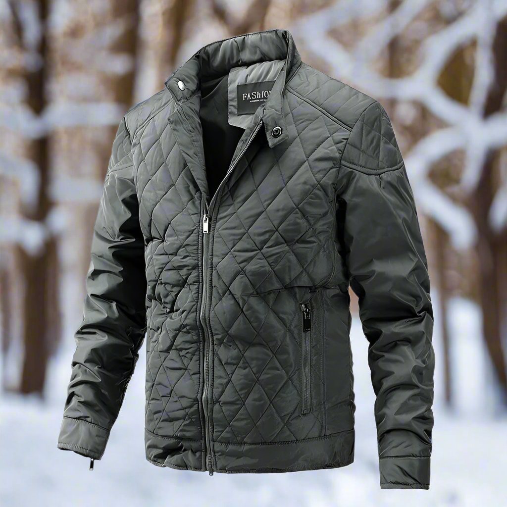 Men's Padded Jacket - Diamond Quilted - Stand Collar - Zipper Closure - Slim Fit