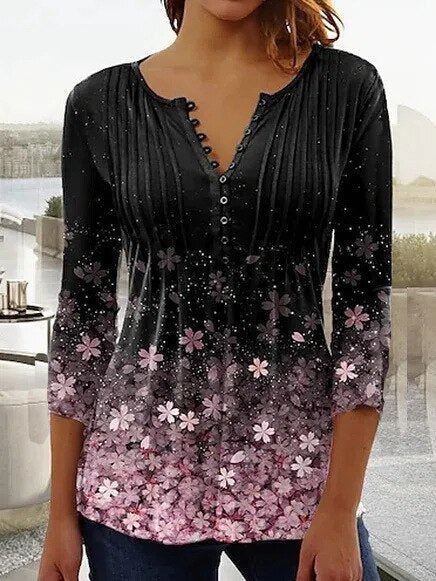 Women's Blouse – Relaxed Fit – V-neck – 3/4 Sleeves – Breathable Fabric – Floral Print