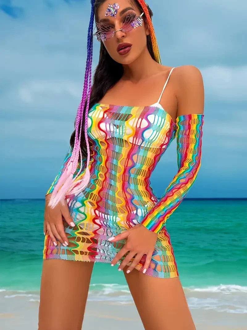 Women's Beach Dress - Mesh Transparent - Bodycon Fit - Mini Length - Long Sleeves