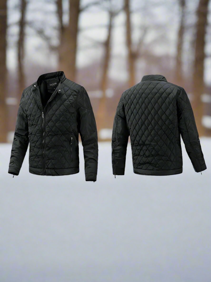 Men's Padded Jacket - Diamond Quilted - Stand Collar - Zipper Closure - Slim Fit