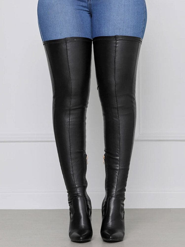 Women's Overknee Boots – Leather – Low Block Heel – Textured Sole – Zipper Closure