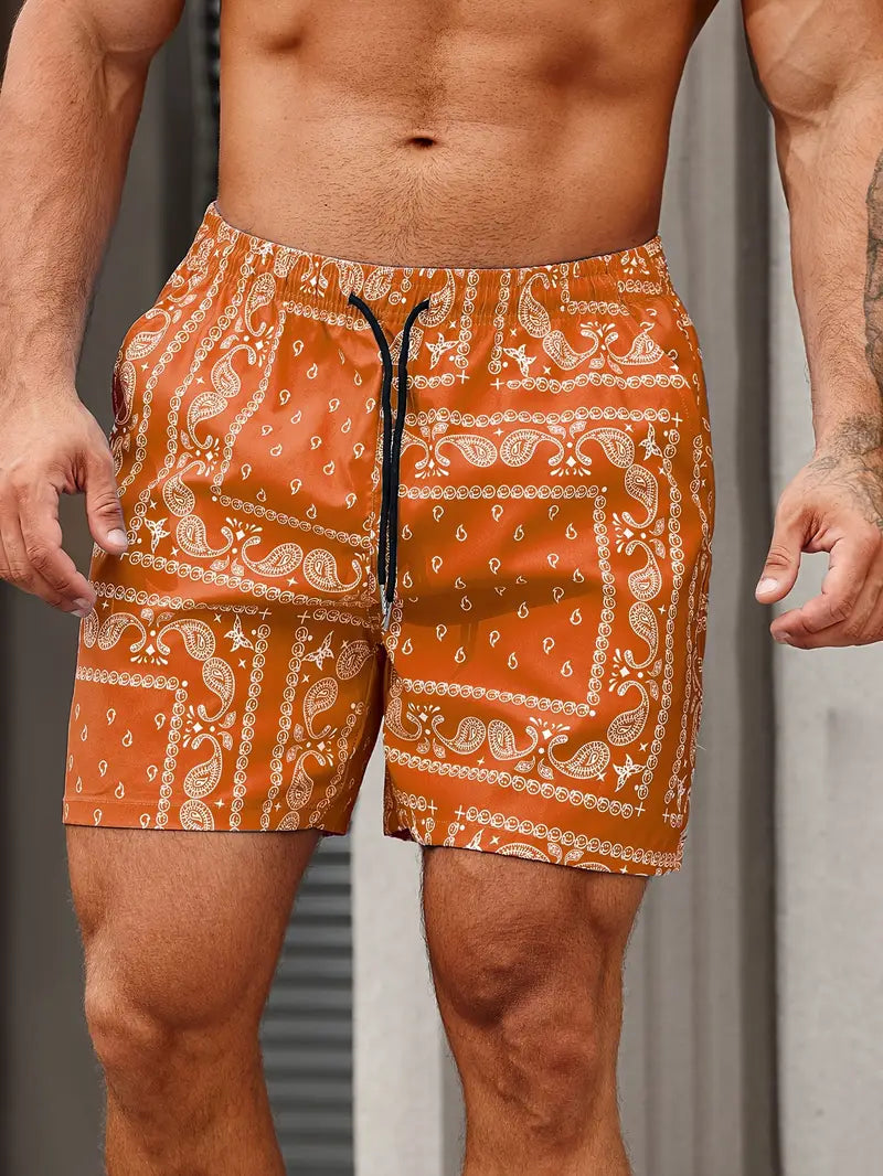 Men's Swim Shorts – Quick-Drying Fabric – Relaxed Fit – Bandana Pattern – Mid-Length