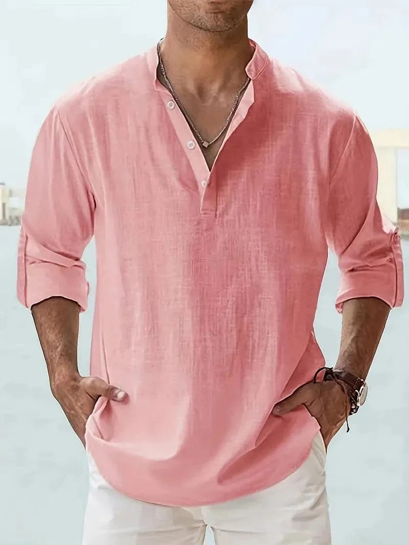 Men's Shirt - Relaxed Fit - Stand Collar - Breathable Lightweight Fabric - Long Sleeve
