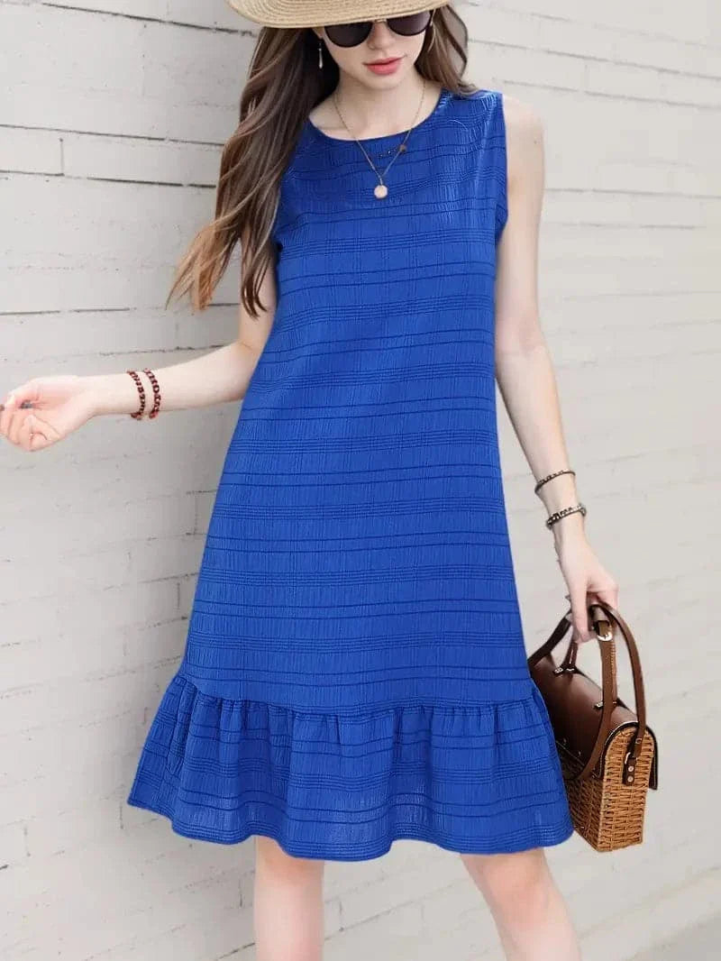 Women's Dress - Sleeveless - Round Neck - Textured Fabric - Dropped Waist - Ruffle Hem