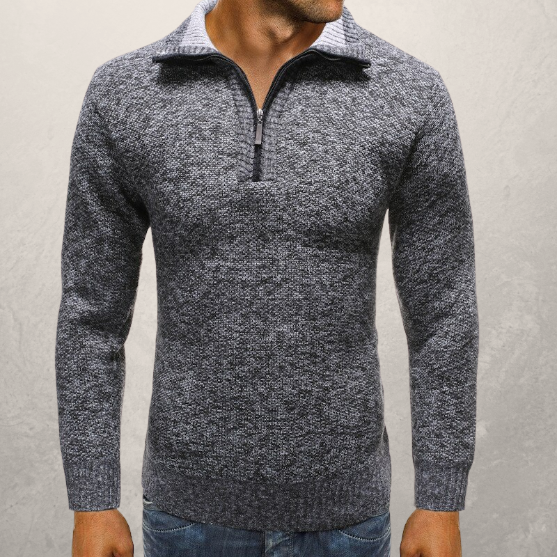 Men's Sweater - Knitted Half Zip - Ribbed Cuffs and Hem - Casual Fit