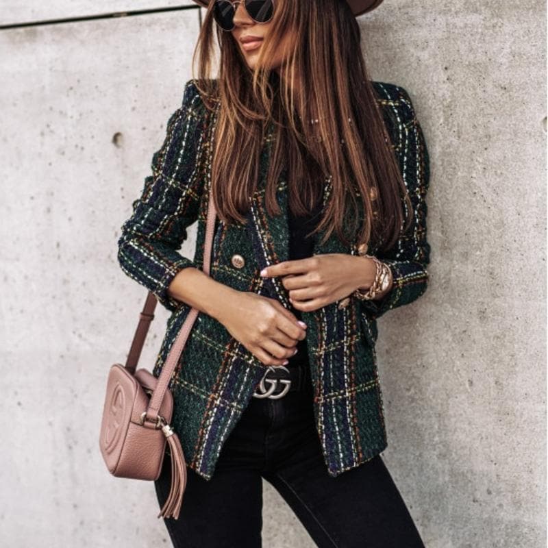 Women's Blazer - Tweed Fabric - Check Pattern - Tailored Fit - Gold Buttons