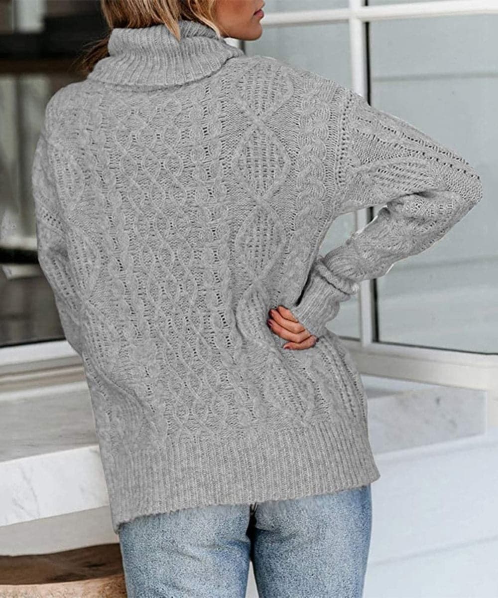 Women's Knitted Sweater - Cable Knit - High Neck - Long Sleeved - Relaxed Fit