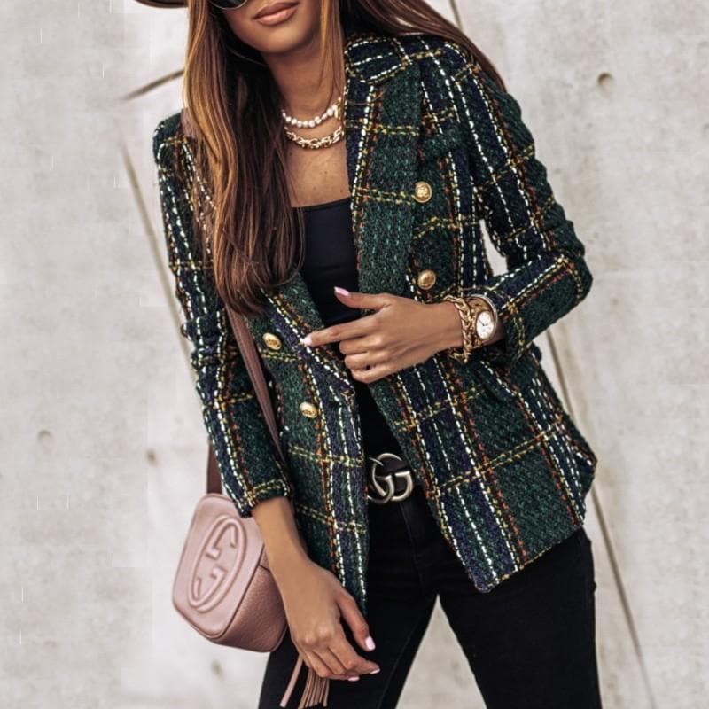 Women's Blazer - Tweed Fabric - Check Pattern - Tailored Fit - Gold Buttons