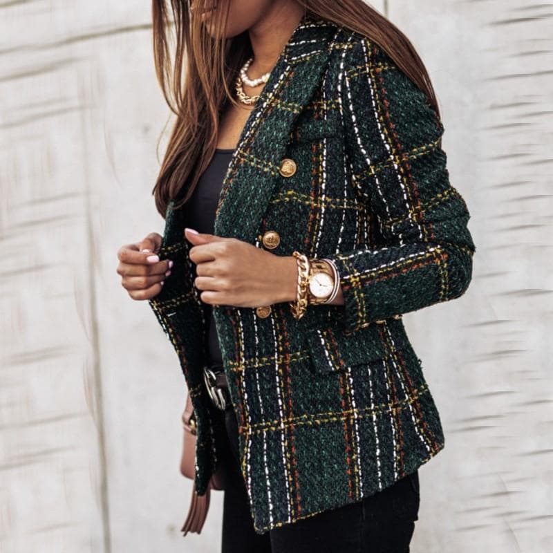 Women's Blazer - Tweed Fabric - Check Pattern - Tailored Fit - Gold Buttons