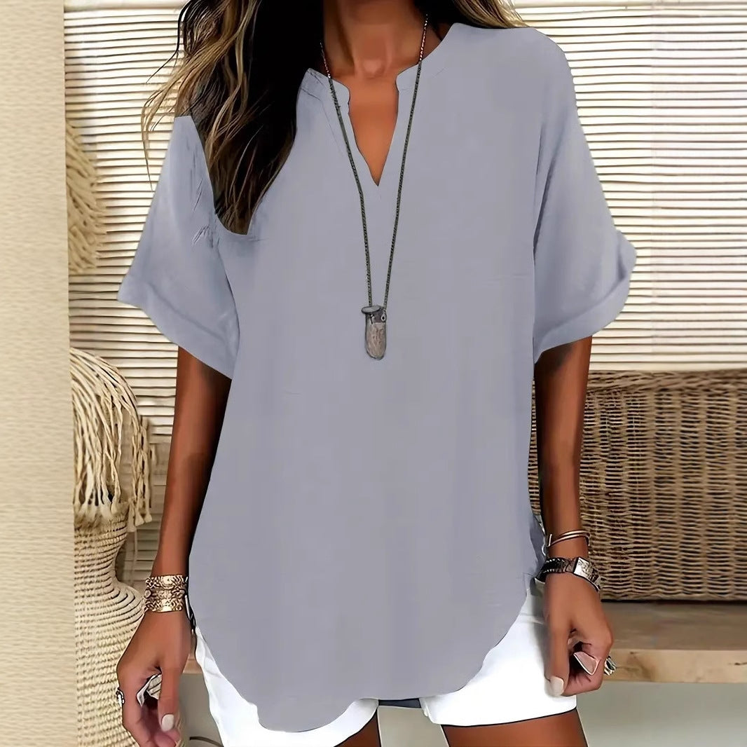 Women's Blouse – Relaxed Fit – V-Neckline – Short Sleeves – Natural Fibers