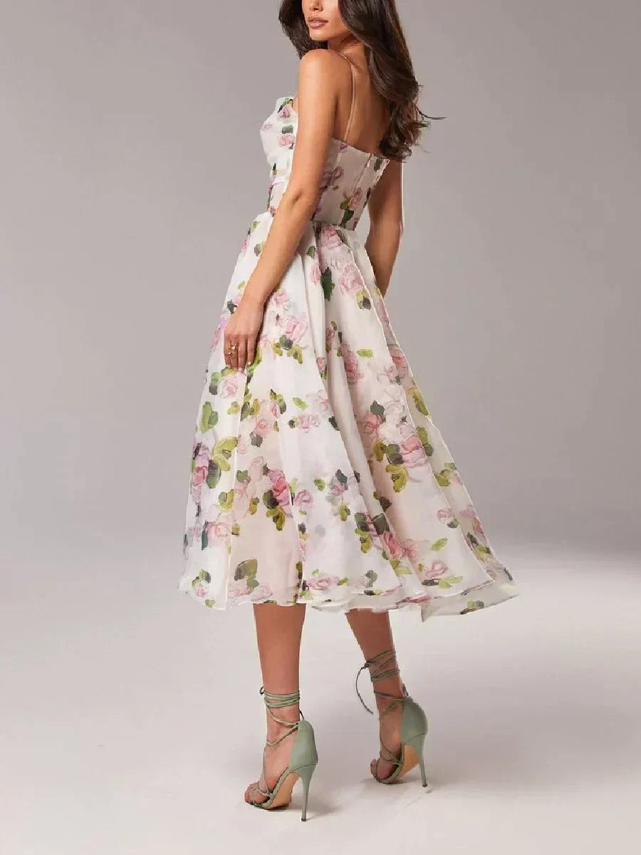 Kjole for dame – Midi lengde – Chiffon – A-linje passform – Spagettistropper – Blomsterprint