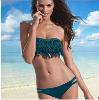 Women's Bikini Set – Bandeau Top – Fringe Detail – Low Waist – Cut Sides