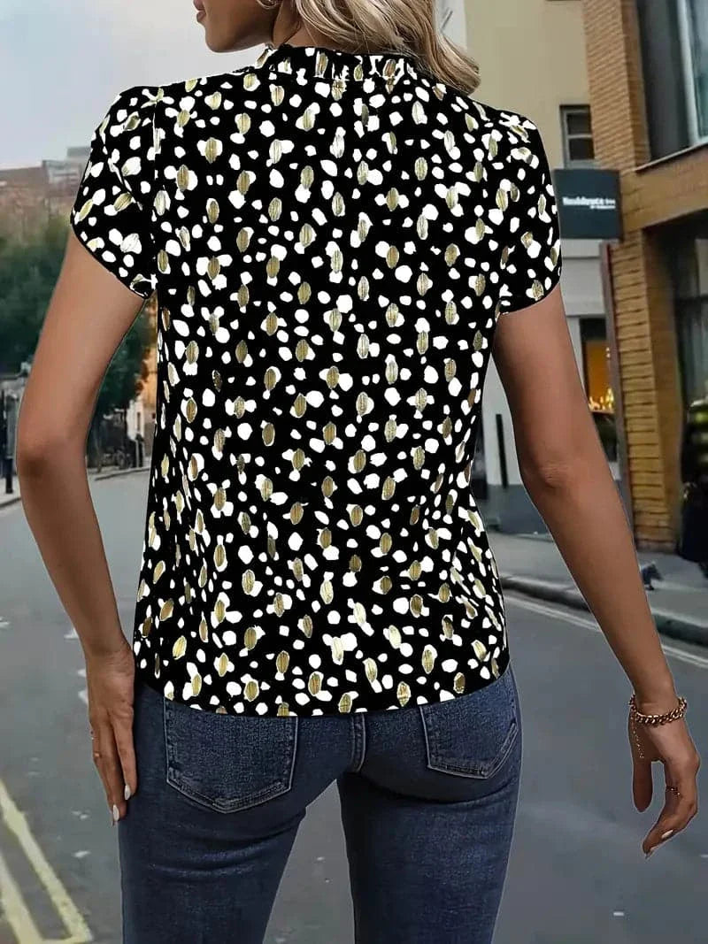Women's Blouse - Short-Sleeved V-Neck - Light and Airy - Modern Pattern