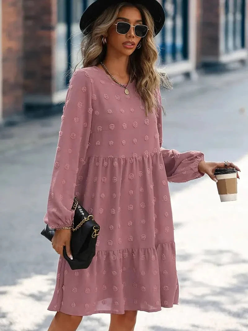 Women's Dress - Layered Design - Long Sleeves - Embroidered Texture - Comfortable Fit
