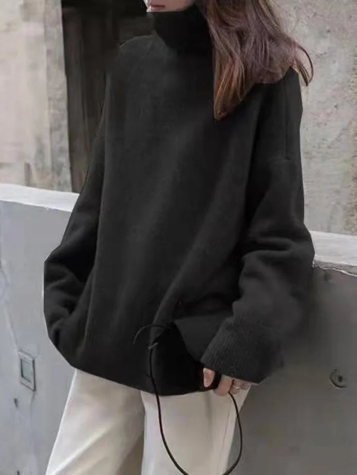 Women's Sweater with High Neck – Wool Blend – Relaxed Fit – Ribbed Knit – Hip Length