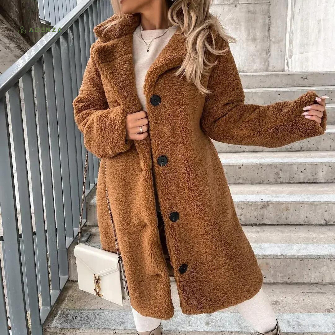 Dame Teddy Kåpe - Myk og Varm - Oversized Passform - Knappelukking - Notch Krage