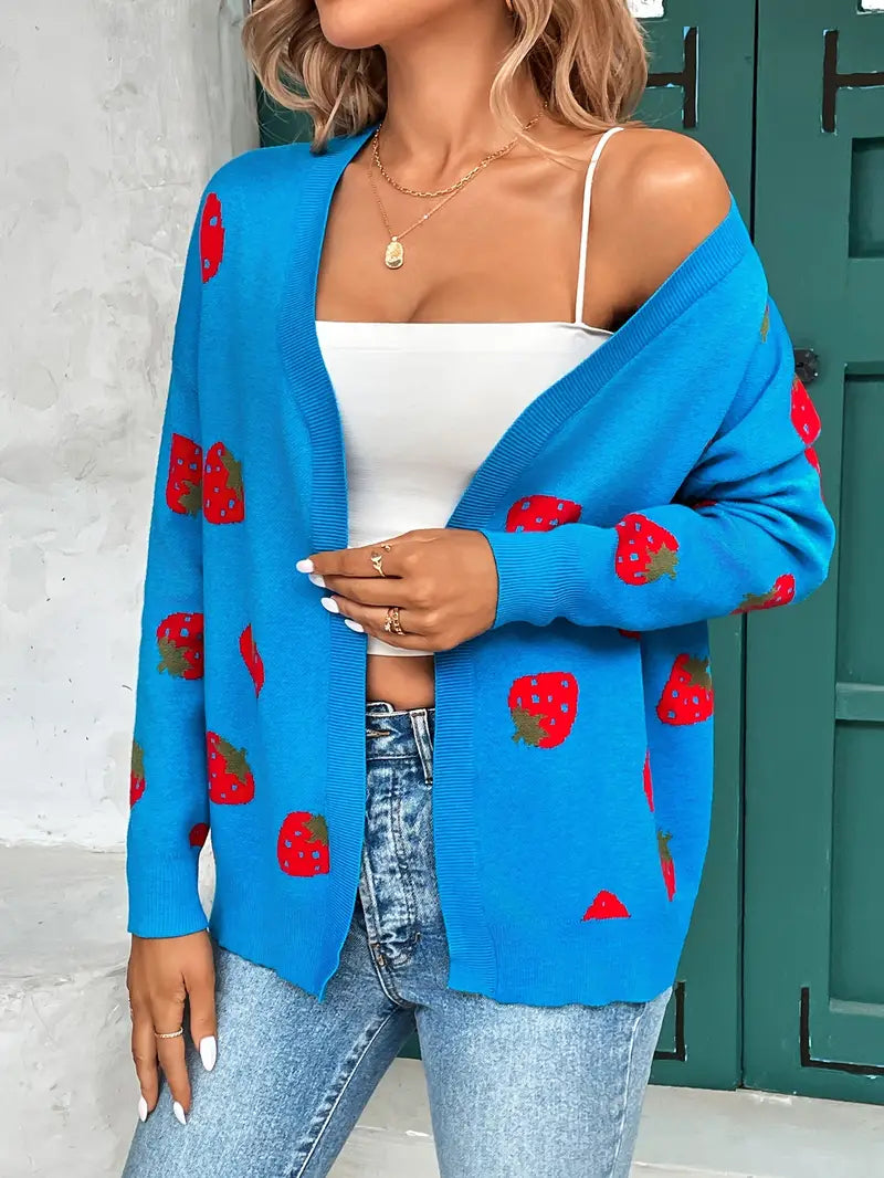 Women's Cardigan – Oversized Fit – Knitted Texture – Hip Length – Playful Pattern