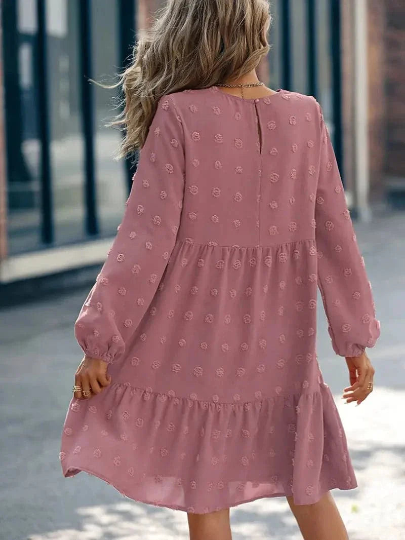 Women's Dress - Layered Design - Long Sleeves - Embroidered Texture - Comfortable Fit