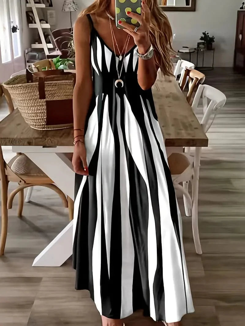 Women's Maxi Dress – Elegant Vertical Stripes – Deep V-neck – Sleeveless – Airy Fit