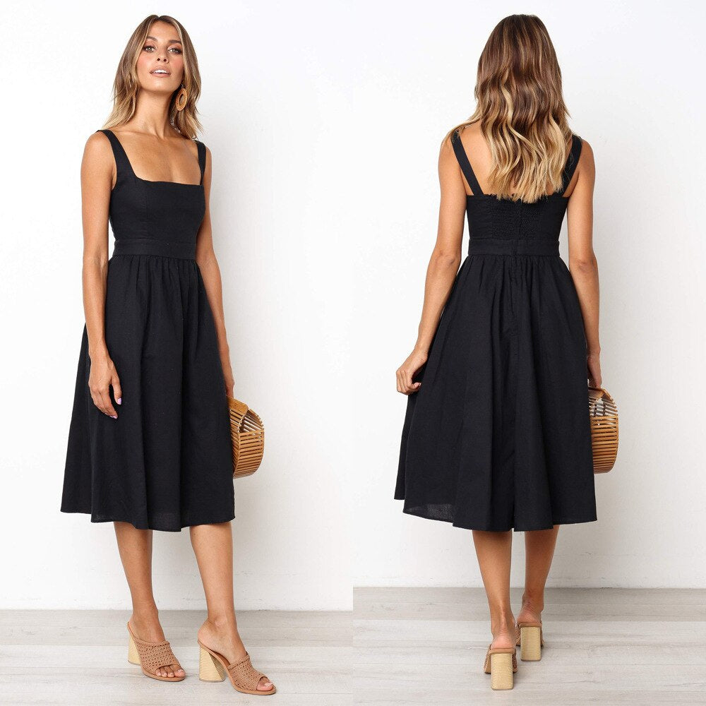 Women's Summer Dress - Sleeveless A-line - Midi Length - Square Neckline