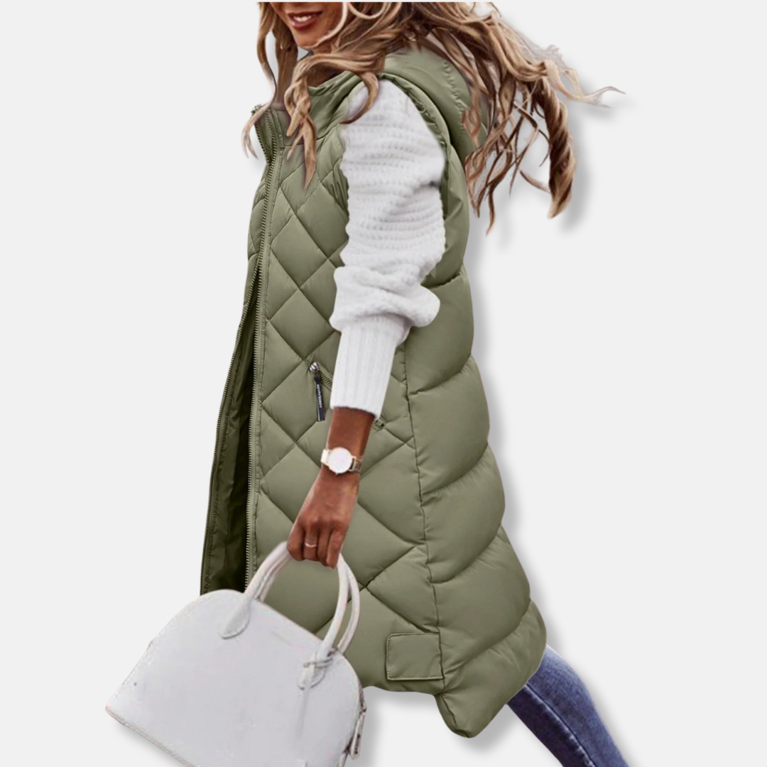 Ruby Relaxed Fit Long Puffer Vest | Hooded Quilted Vest